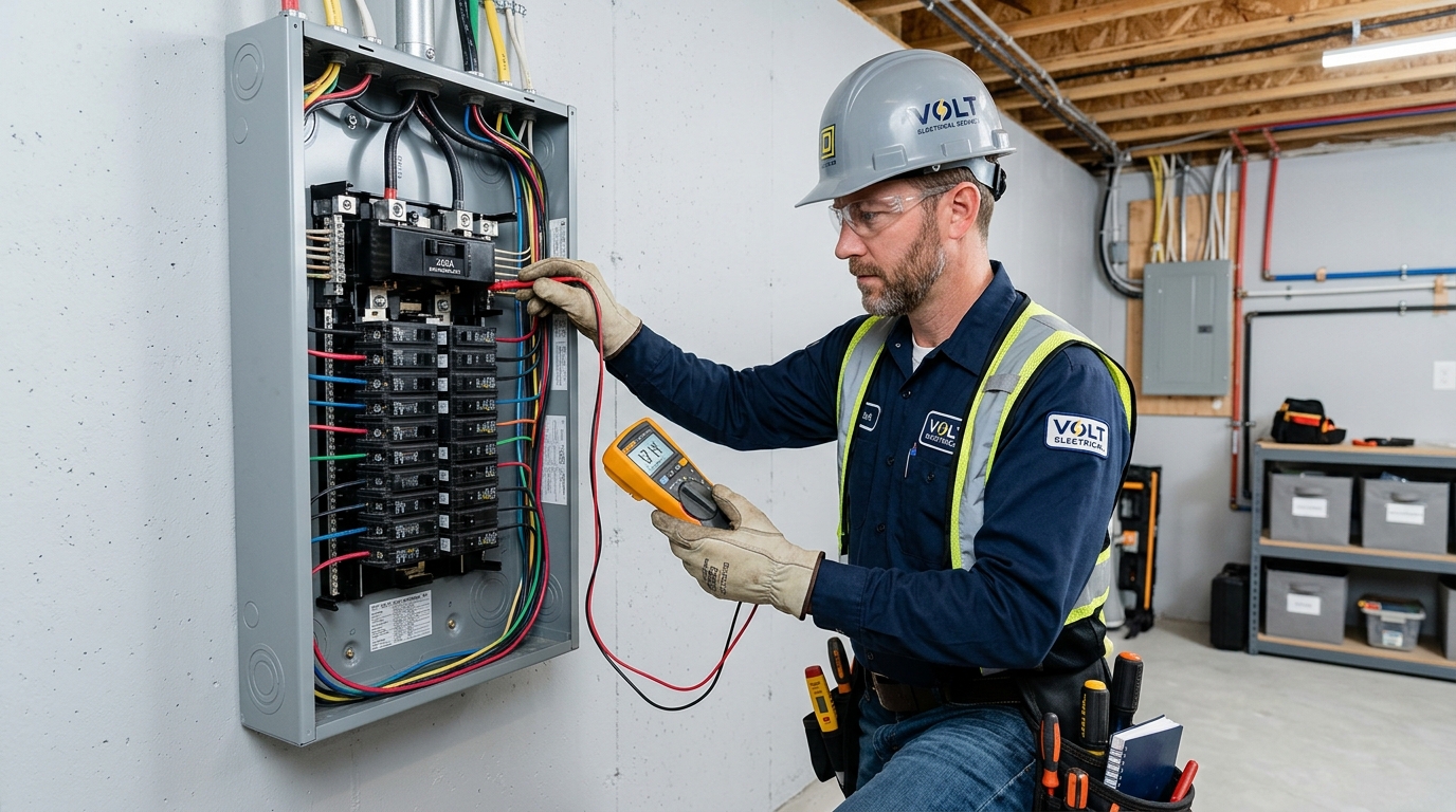 GlowON Electric Inc. licensed electrician inspecting a 200 amp electrical panel upgrade in an Ajax home